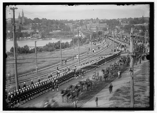 Military funeral, procession crossing aqueduct bridge, Wash., D.C.