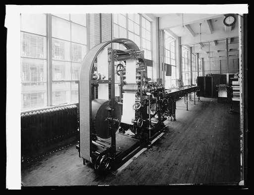 Bureau Eng. & Ptg. Intaglio Web Press prints, [.],drives, preforates & completes postage stamps, [1914