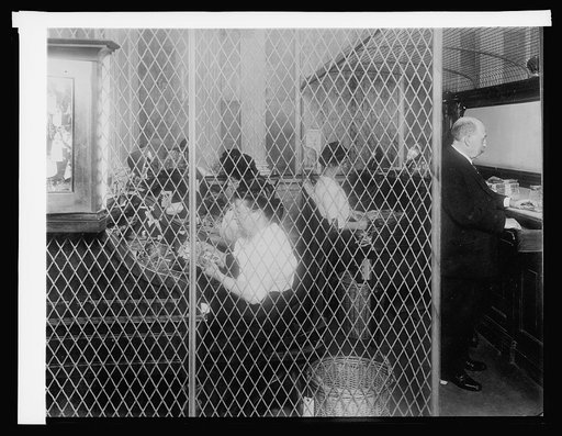 Treasury Dept., Ofc. of U.S. Treasuer money counters, Cash room: checking and assorting daily deposits, [1914