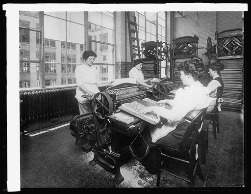 Bureau Eng. & Ptg., stamp perforating machines. Capacity 7,500 sheets daily, 400 stamps to each sheet, [1914