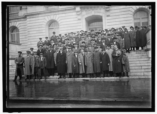 Corn growers on steps of House office building; Stafford of Wisconsin, 5th from left, front; Ramseyer of Ohio, 2nd from left, 2nd row