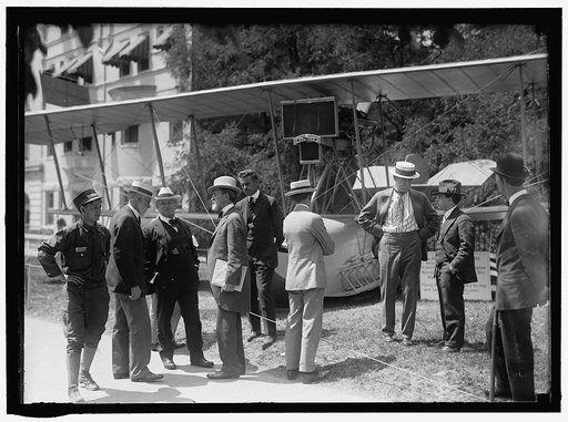 NATIONAL AERO COAST PATROL COMMN. CURTISS HYDROAEROPLANE OR FLYING BOAT EXHIBITED NEAR HOUSE OFFICE BUILDING. REP. CHARLES LIEB; REP. J. KAHN; SEN. KERN; CAPT. TAYLOR; ADM. PEARY; E.H. SMITH