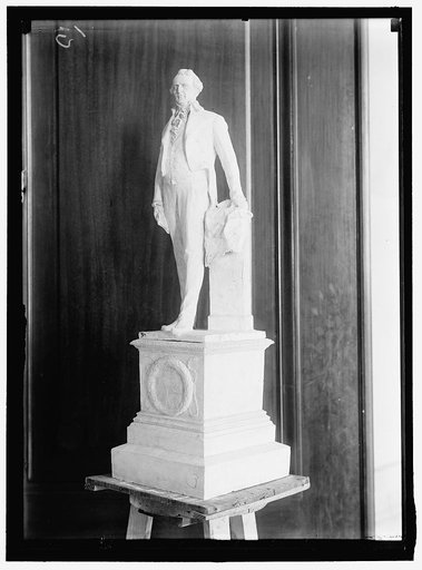 Model for a statue with the 1849 territorial seal of Minnesota on the pedestal. The man could be Henry Mower Rice for whom a statue with a different pose and clothing was added to the United States Capitol Statuary Hall in 1917