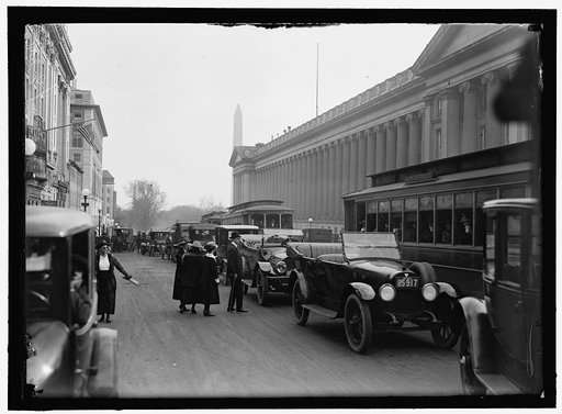 Street scene, Washington monument in background