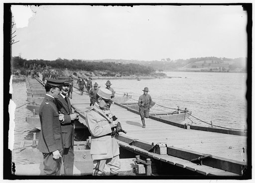 US Army Eng. Colonel and French Officers. US Army Engineering unit building a pontoon bridge at Washington Barracks, Washington, D.C.