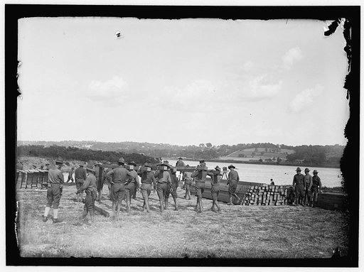 US Army Engineering unit building a pontoon bridge at Washington Barracks, Washington, D.C.