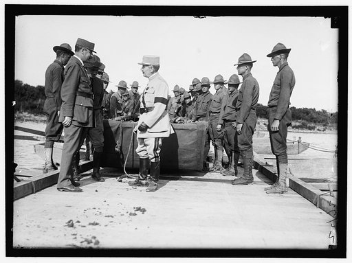 French Officers with group. US Army Engineering unit building a pontoon bridge at Washington Barracks, Washington, D.C.