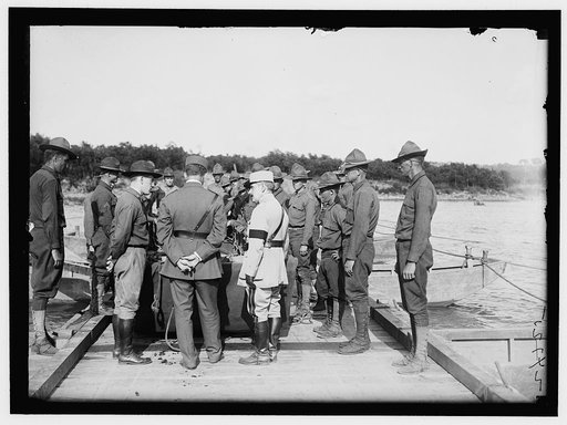 French Officers with group. US Army Engineering unit building a pontoon bridge at Washington Barracks, Washington, D.C.