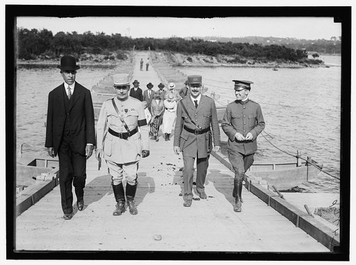 French Officers with US Army Eng. Col. US Army Engineering unit bulding a pontoon bridge at Washington Barracks, Washington, D.C.