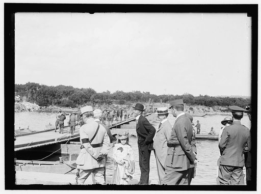 French Officers and US Army Eng. Col. at pontoon bridge built by US Army Engineering unit at Washington Barracks, Washington, D.C.