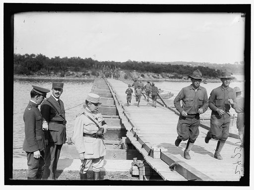 US Army Eng. Col. and French Officers at pontoon bridge built by US Army Engineering unit at Washington Barracks, Washington, D.C.