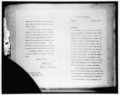 Letter from the White House soliciting photographs of Eleanor Wilson's wedding, 1914