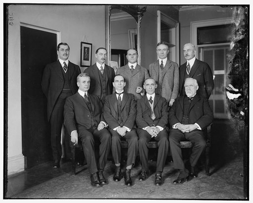 Excess Profits Advisory Board, 1st row, L to R: Hon. C. Hull, Daniel C. Roper, T.S. Adams; 2nd Row: E.T. Meredith, Wallace D. Simmimns, Stuart W. Crammer, J.E. Sterrett, S.R. Beetra
