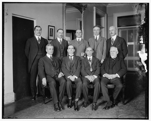 Excess Profits Advisory Board, 1st row, L to R: Hon. C. Hull, Daniel C. Roper, T.S. Adams; 2nd Row: E.T. Meredith, Wallace D. Simmimns, Stuart W. Crammer, J.E. Sterrett, S.R. Beetram