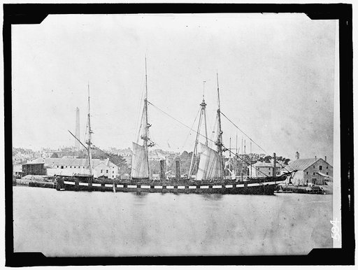 USS Niagara (1855), a steam frigate, docked at the Charlestown Navy Yard in Boston, MA, when she was undergoing a major refitting