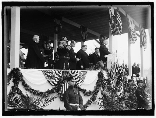 JONES, JOHN PAUL. DEDICATION OF MONUMENT, 4/17/12. MRS. TAFT; UNIDENTIFIED; NAVA OFFICER, UNIDENTIFIED; ADM. DEWEY; SEC. MEYER; TAFT; SEC. STIMSON; DR. CHARLES WOOD, PRAYING