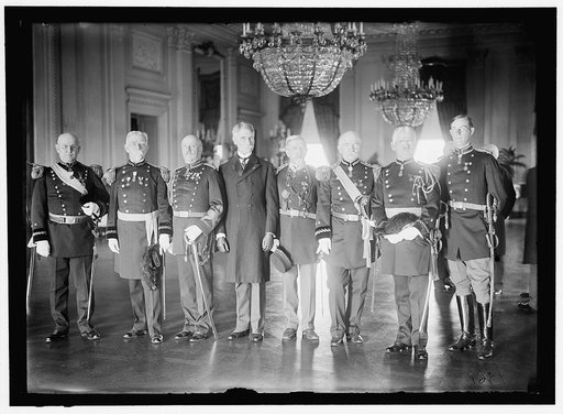MEDAL OF HONOR OFFICERS. GEN. CHARLES F. HUMPHREY; GEN. JOHN M. WILSON; COL. CHARLES H. HEYL; GEN. THEODORE SCHWAN; COL. FREDERICK FUGER; GEN. W.H. CARTER; GEN. A.L. MILLS; LT. GORDON JOHNSTON. PICTURE TAKEN IN EAST ROOM OF WHITE HOUSE, PROBABLY ON NOVEMBER 7, 1910 WHEN MEDAL PRESENTED TO LT. JOHNST