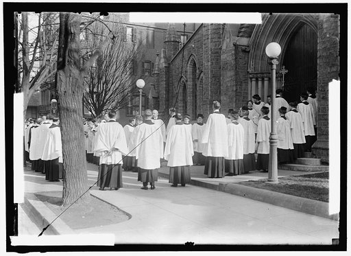 SAINT THOMAS P.E. CHURCH. CONSECRATION SERVICES. 2ND FROM LEFT, REV. DR. GEORGE W. ATKINSON; 3RD, REV. CHARLES T. WARNER; 4TH, REV. JOSEPH E. WILLIAMS; 5TH, NELMS, CHOIR MASTER; 6TH, BISHOP ALFRED HARDING, OFFICIATING; 7TH, BISHOP WOOD, ENGLISH BISHOP OF JAMAICA