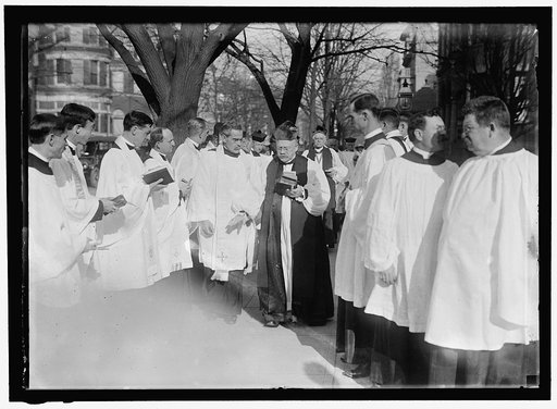 SAINT THOMAS P.E. CHURCH. CONSECRATION SERVICES. 2ND FROM LEFT, REV. DR. GEORGE W. ATKINSON; 3RD, REV. CHARLES T. WARNER; 4TH, REV. JOSEPH E. WILLIAMS; 5TH, NELMS, CHOIR MASTER; 6TH, BISHOP ALFRED HARDING, OFFICIATING; 7TH, BISHOP WOOD, ENGLISH BISHOP OF JAMAICA