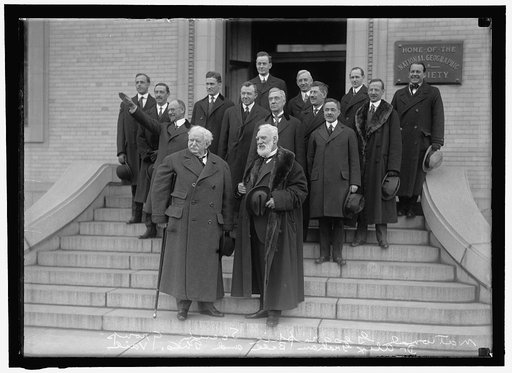 NATIONAL GEOGRAPHICAL SOCIETY. ANNIVERSARY OF BELL TELEPHONE. FRONT: THEODORE N. VAIL AND ALEXANDER GRAHAM BELL; BACK OF BELL, THOMAS A WATSON, ASSOC. WITH BELL IN EXPERIMENTS. DIAGONALLY UPWARD, RIGHT: J.J. CARTY; G.H. GROSVENOR; J.O. LaGORCE