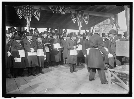 ALL SOULS CHURCH. CEREMONIES AT LAYING OF A CORNERSTONE AT 16TH AND R. CHURCH NOT BUILT THERE, LATER BUILT AT 16TH AND HARVARD ST. FRONT, 3RD FROM LEFT, SAMUEL R. BOND, 5TH FROM LEFT, PRESIDENT TAFT