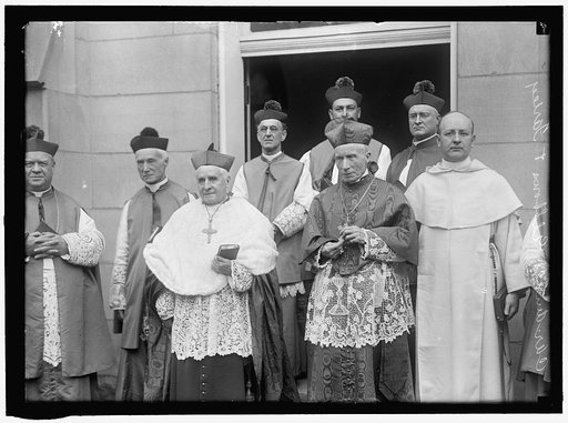 DOMINICAN HOUSE OF STUDIES CHAPEL, CATHOLIC UNIVERSITY. CARDINALS FARLEY AND GIBBONS AT THE CHAPEL. REAR: BISHOP CORRIGAN OF BALTIMORE; MONS. MACKIN; MONS. THOMAS; UNIDENTIFIED; BISHOP SHAHAN; McDERMOTT, O.P.