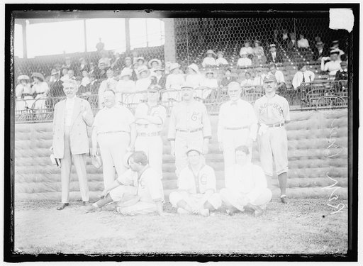 BASEBALL, CONGRESSIONAL. REPUBLICANS. STANDING: BARCHFELD OF PENNSYLVANIA; WINSLOW OF MASSACHUSETTS; DICK AUSTIN OF TENNESSEE; UNIDENTIFIED; J.R. MANN OF ILLINOIS; UNIDENTIFIED. SEATED: KALANIANAOLE OF HAWAII; C.B. MILLER OF MINNESOTA; UNIDENTIFIED