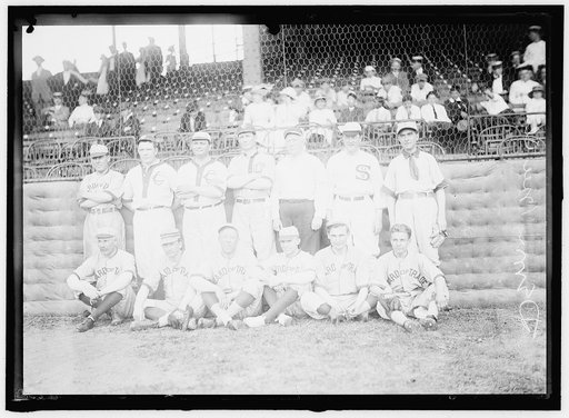 BASEBALL, CONGRESSIONAL. DEMOCRATS. STANDING: UNIDENTIFIED; KINKEAD OF NEW JERSEY; OLDFIELD OF ARKANSAS; WEBB OF NORTH CAROLINA; TOM REILLY OF CONNECTICUT; JIM McDERMOTT OF ILLINOIS; SCULLY OF NEW JERSEY; SEATED: UNIDENTIFIED; PAT HARRISON OF MISSISSIPPI; 2 UNIDENTIFIED; ELDER OF LOUISIANA; R.B. STE