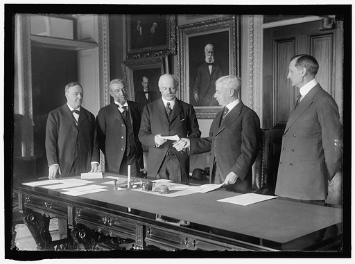 DANIELS, JOSEPHUS, SECRETARY OF THE NAVY, 1913-1921; BRUN, CONSTANTINE, AMBASSADOR FROM DENMARK; OLIVER, JAMES HARRISON, REAR ADMIRAL,U.S.N.; LANSING, ROBERT, SECRETARY OF STATE, 1915-1920; McADOO, WILLIAM GIBBS, SECRETARY OF THE TREASURY, 1913-1921; VIRGIN ISLANDS PURCHASE