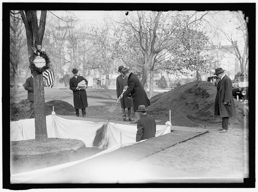 OWEN, F.D., PUBLIC BUILDINGS AND GROUNDS CUSTODIAN OF THE FLAGS, LEFT, PLANTING TREE; HARTS, WILLIAM W., COL., U.S.A.; MILITARY AIDE TO PRESIDENT WILSON