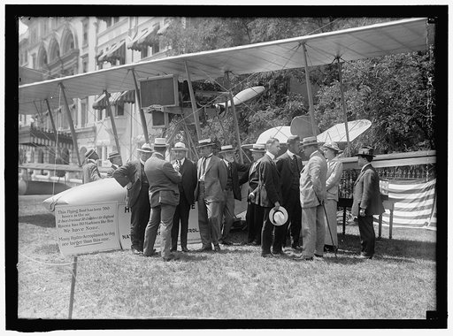 NATIONAL AERO COAST PATROL COMMN. CURTISS HYDROAEROPLANE OR FLYING BOAT EXHIBITED NEAR HOUSE OFFICE BUILDING. REP. KAHN; UNIDENTIFIED BACK; ASST. SEC. INGRAHAM; ADM. PEARY; REP. LIEB; PROF. FRANKENFIELD; BOWMAN; TAYLOR; NEWTON; MISS MARIE PEARY; E.H. SMITH