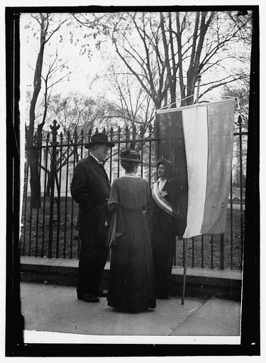 WOMAN SUFFRAGE. DAVID STARR JORDAN AND WIFE TALKING WITH WHITE HOUSE PICKET