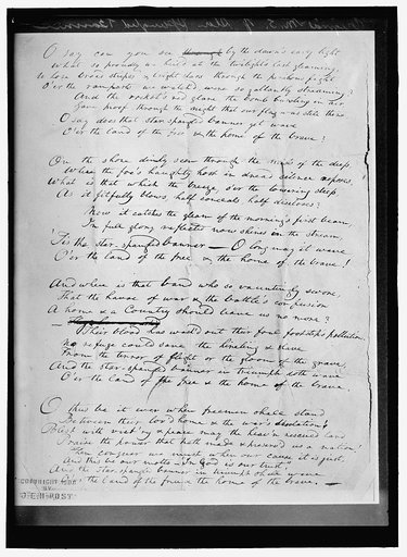 KEY, FRANCIS SCOTT. ORIGINAL MANUSCRIPT OF 'STAR SPANGLED BANNER'