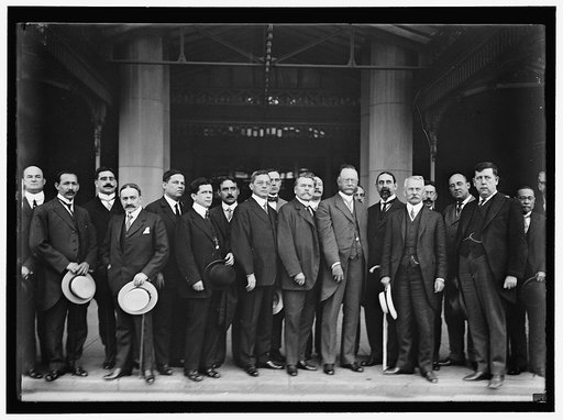 PAN AMERICAN TRADE MEETING AT WILLARD HOTEL. CALLED BY JOHN BARRETT. CLARENCE OWEN; GEN. CHAMORRO; UNIDENTIFIED; MINISTER CESPEDES OF CUBA; 3 UNIDENTIFIED; MINISTER MENDEZ; UNIDENTIFIED AT REAR; MINISTER DE PENA; UNIDENTIFIED AT REAR; SEC. REDFIELD; UNIDENTIFIED AT REAR; MINISTER PEZET; UNIDENTIFIED