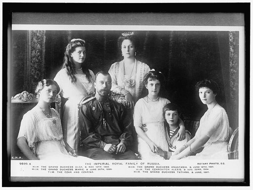 RUSSIAN ROYAL FAMILY. THE IMPERIAL FAMILY. SEATED: THE GRAND DUCHESS OLGA; THE CZAR; THEGRAND DUCHESS ANASTASIA; THE CZAREVITCH ALEXIS; THE GRAND DUCHESS TATIANA. STANDING: THE GRAND DUCHESS MARIE; THE CZARINA