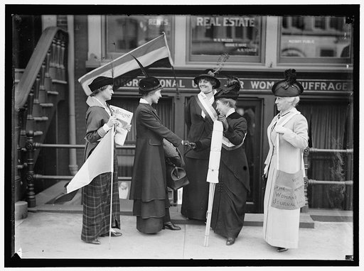 WOMAN SUFFRAGE. SECOND GROUP IN POLITICAL CAMPAIGN: ELSIE LANCASTER, 2ND FROM LEFT, TO WYOMING; MRS. IDA WATERS, CENTER