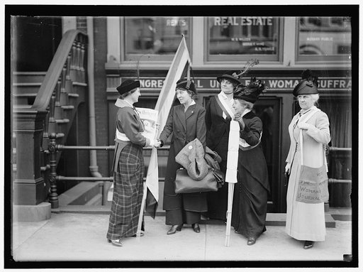 WOMAN SUFFRAGE. SECOND GROUP IN POLITICAL CAMPAIGN: ELSIE LANCASTER, 2ND FROM LEFT, TO WYOMING; MRS. IDA WATERS, CENTER