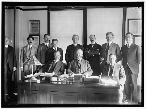 COMMERCIAL ATTACHES: ALBERT H. BALDWIN, TO LONDON; V.L. HAVENS, TO SANTIAGO, CHILE; ERWIN W. THOMPSON, TO BERLIN; A.I. HARRINGTON, TO LIMA, PERU; DR.ALBERT HALE, TO BUENOS AIRES, ARGENTINA; DR. CHARLES W.A. VEDITZ, TO PARIS. SECRETARY REDFIELD, SEATED, CENTER