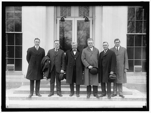 MINE WORKERS OFFICIALS. AT WHITE HOUSE WITH SECRETARY OF LABOR: F.J. HAYES; JAMES LORD; SECRETARY WILSON; J.P WHITE; WILLIAM GREENE; J.R. LAWSON