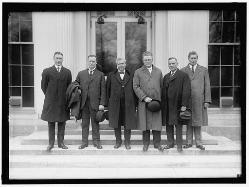 MINE WORKERS OFFICIALS AT WHITE HOUSE WITH SECRETARY OF LABOR: F.J. HAYES; JAMES LORD; SECRETARY WILSON; J.P WHITE; WILLIAM GREENE; J.R. LAWSON