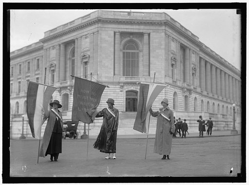 WOMAN SUFFRAGE. PICKETING AT SENATE OFFICE BUILDING: MILDRED GILBERT OF CALIFORNIA; PAULINE FLOYD OF D.C.; VIVIAN PIERCE, CALIFORNIA