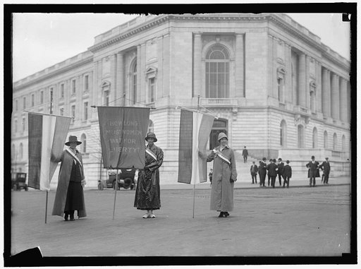 WOMAN SUFFRAGE. PICKETING AT SENATE OFFICE BUILDING: MILDRED GILBERT OF CALIFORNIA; PAULINE FLOYD OF D.C.; VIVIAN PIERCE, CALIFORNIA