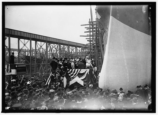 PENNSYLVANIA, U.S.S. LAUNCHING, NEWPORT NEWS, VA. CHRISTENING STAND AND BOW OF SHIP
