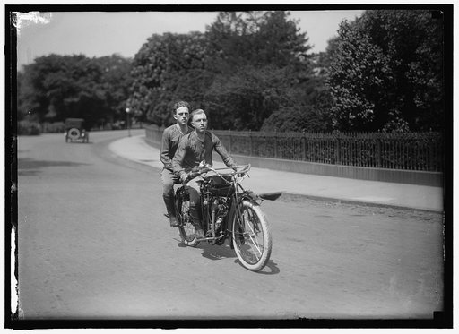 O'BRIEN AND BAKER. TRANSCONTINENTAL MOTORCYCLISTS. AT NORTH OF ELLIPSE BELOW WHITE HOUSE