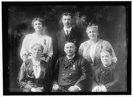 GRAND ARMY OF THE REPUBLIC. HEADS OF NATIONAL G.A.R. ORGANIZATIONS. FRONT: MRS. SARAH E. FULTON, NATIONAL PRESIDENT, WOMEN'S RELIEF CORPS; DAVID J. PALMER, COMMANDER- IN-CHIEF, G.A.R.; NAME NOT KNOWN, NATIONAL PRESIDENT, LADIES OF THE G.A.R. REAR: NAME NOT KNOWN, NATIONAL PRESIDENT, SONS OF VETERANS