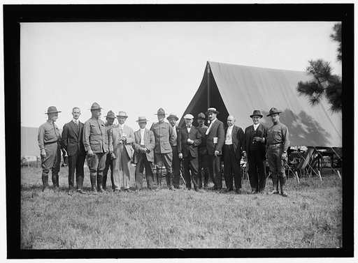 NATIONAL GUARD OF D.C. M. AND M. ASSN. OF D.C. ON VISIT TO D.C.N.G. IN CAMP AT COLONIAL BEACH. FRONT: BOB FEATHERSTONE; UNIDENTIFIED; COL. WILLIAM E. HARVEY; ROSS P. ANDREWS; UNIDENTIFIED; ANTON STEPHAN; C.J. COLUMBUS; RICHARD L. LAMB; M.A. LEASE; UNIDENTIFIED; HARRY COOPE. 3 IN REAR UNIDENTIFIED