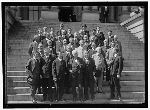 NAVAL CONSULTING BOARD. FRONT: F.J. SPRAGUE; UNIDENTIFIED; MILLER R. HUTCHISON; THOMAS A.EDISON; DANIELS; F.D. ROOSEVELT. 2ND ROW, ONLY 3, STANDING ON 2ND STEP: H.E. COFFIN; UNIDENT.; PETER COOPER HEWITT. 3RD ROW: E.S. WEBSTER OF MASSACHUSETTS; UNIDENT. WITH BEARD; UNIDENT. IN LIGHT SUIT; THOMAS ROB