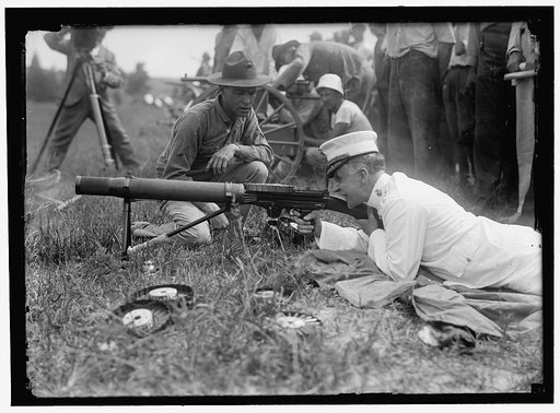 BARNETT, GEORGE, MAJ. GEN., COMMANDANT, U.S.M.C. MARINE CORPS RIFLE RANGE; INSPECTING COLT'S AUTOMATIC