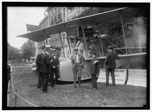 NATIONAL AERO COAST PATROL COMMN.: CURTISS HYDROAEROPLANE OR FLYING BOAT EXHIBITED NEAR HOUSE OFFICE BUILDING. BOWMAN; FRANKENFIELD; PEARY; SMITH; FRED KELLY
