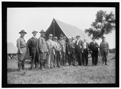NATIONAL GUARD OF D.C. M. AND M. ASSN. OF D.C. ON VISIT TO D.C.N.G. IN CAMP AT COLONIAL BEACH. FRONT: BOB FEATHERSTONE; UNIDENTIFIED; COL. WILLIAM E. HARVEY; ROSS P. ANDREWS; UNIDENTIFIED; ANTON STEPHAN; C.J. COLUMBUS; RICHARD L. LAMB; M.A. LEASE; UNIDENTIFIED; HARRY COOPE.; 3 IN REAR UNIDENTIFIED